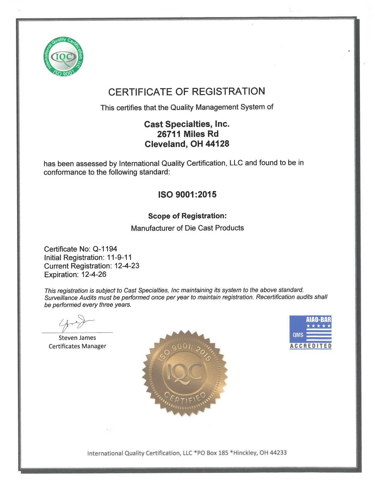 Cast Specialties ISO 9001:2015 certification, valid through December 4, 2026
